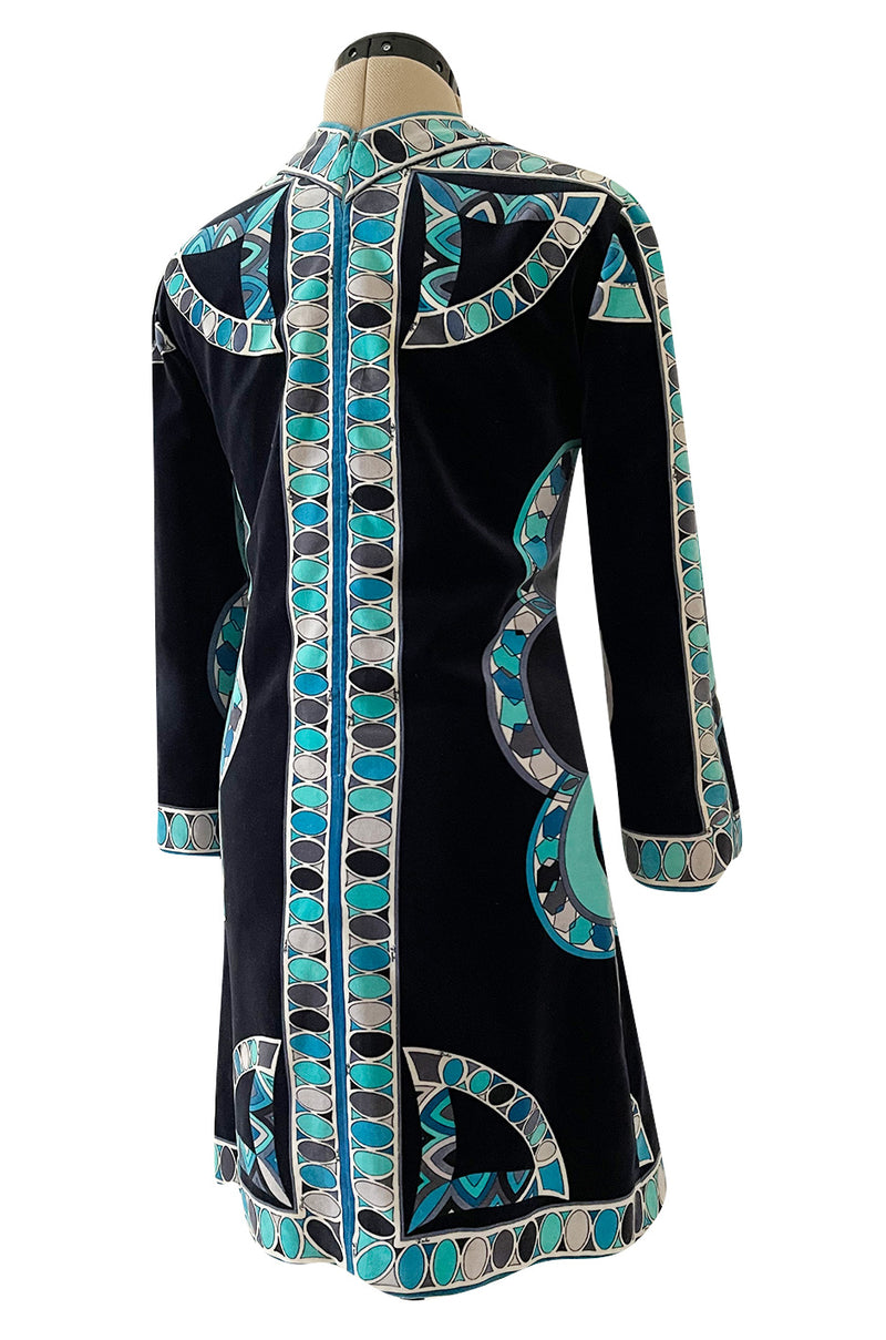 Gorgeous 1960s Emilio Pucci Velvet Dress in Ocean Blues & Classic Circle Print
