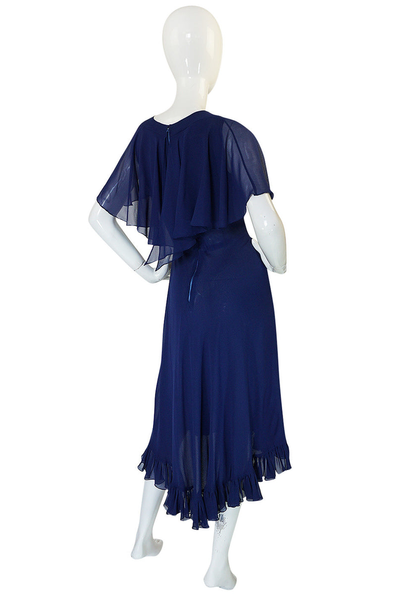 1970s Deep Blue Silk Chiffon Caped Detail Valentino Dress