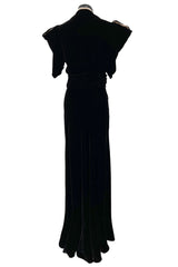 Incredible 1930s Black Silk Velvet Wrap Bias Cut Dress w Elaborate Metal &  Bead Belt