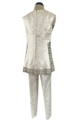 1960s Malcolm Starr Silver Silk Brocade Pant & Tunic Set w Extensive Beaded Detailing