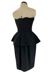 1980s Lanvin by Jules-Francois Crahay Strapless Black Dress w Hip Peplum