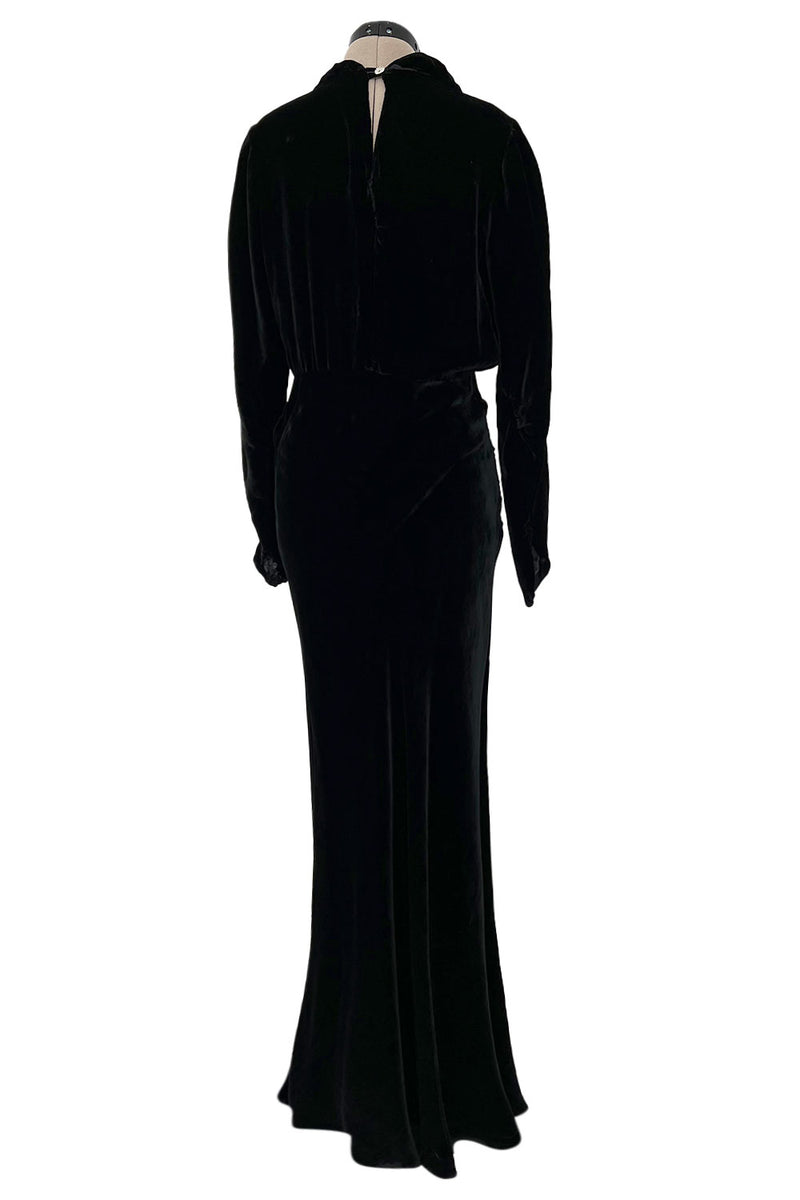 Gorgeous 1930s Bias Cut Black Silk Velvet Dress w Incredible 3D Star Buttons