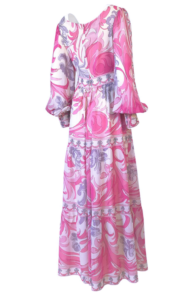 1960s Emilio Pucci Pretty Pink Print Silk Chiffon Tiered Skirted Maxi Dress