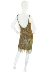 1980s Oleg Cassini Gold Beaded Spangle Fringe Dress