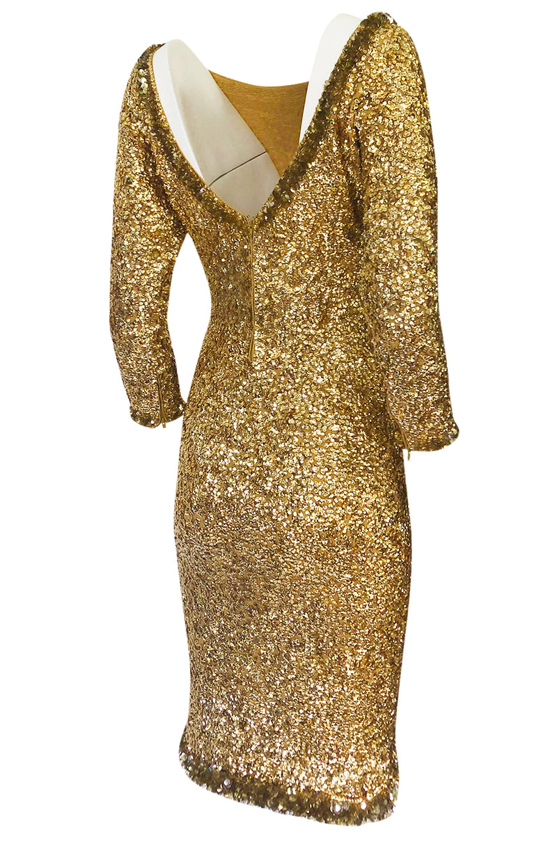 1960s Gene Shelly Gold Sequin w Paillette Detailing Stretch Knit Dress Shrimpton Couture 1960s Gene Shelly Gold Sequin w Paillette Detailing Stretch Knit Dress Shrimpton Couture