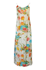 1970s Alfred Bosand Printed Floral Ribbon Silk Gown & Cape