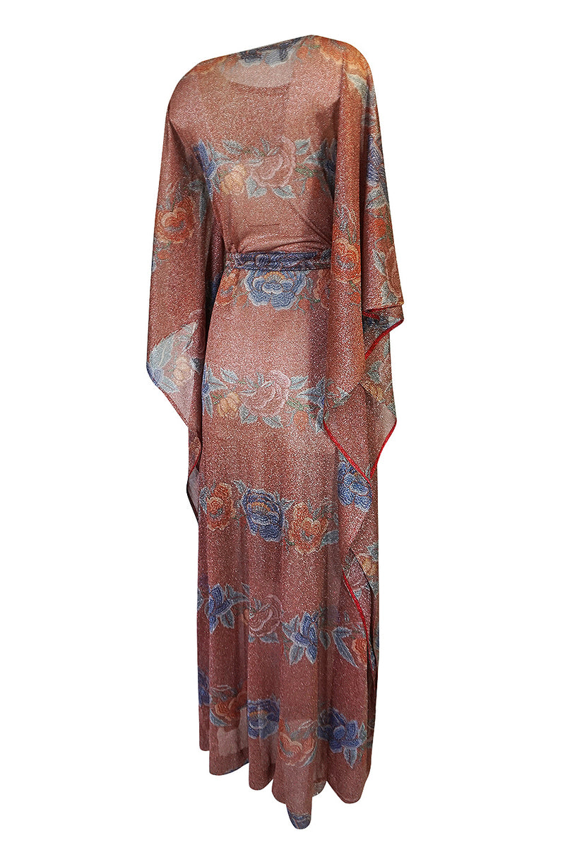 Iconic c.1972-73 Missoni Floral Print Metallic Lurex Caftan Dress