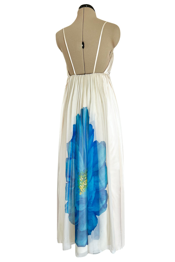 Spectacular Late 1970s Galanos Couture Ivory Silk Chiffon Dress w Brilliant Floral Print