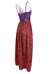 1970s Mollie Parnis Corset Front Purple & Red Floral Print Dress