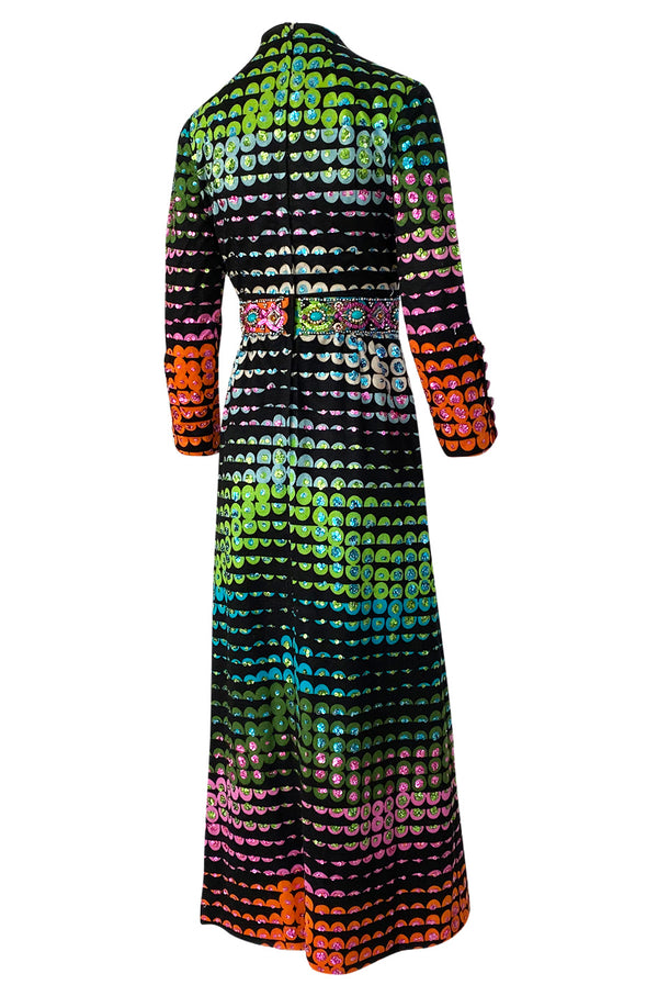 1970s Unlabeled Rainbow Colored Elaborate Sequin & Bead Detailed Dress