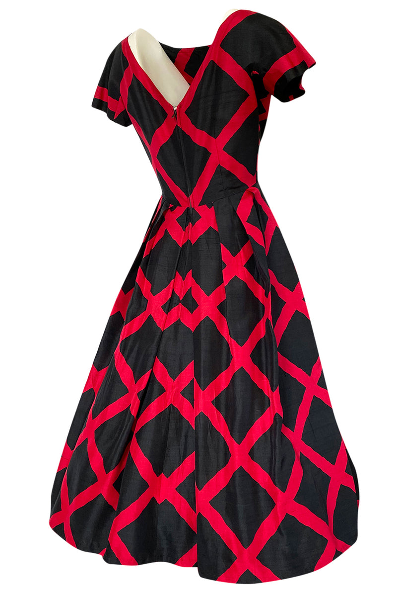 1950s Suzy Perette Black & Red Diamond Pattern Full Skirt Dress