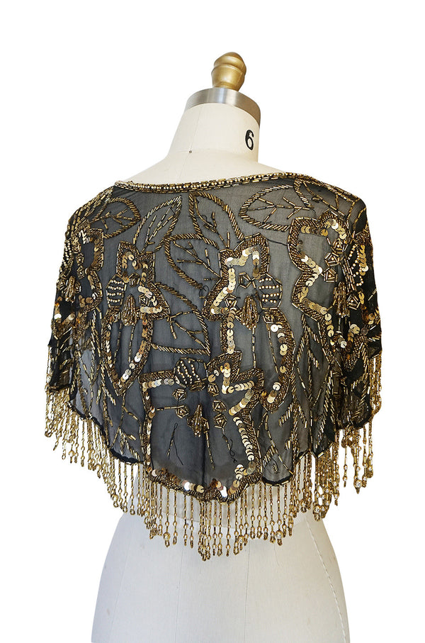 Stunning 1970s Gold Bead & Fringe on Chiffon Capelet