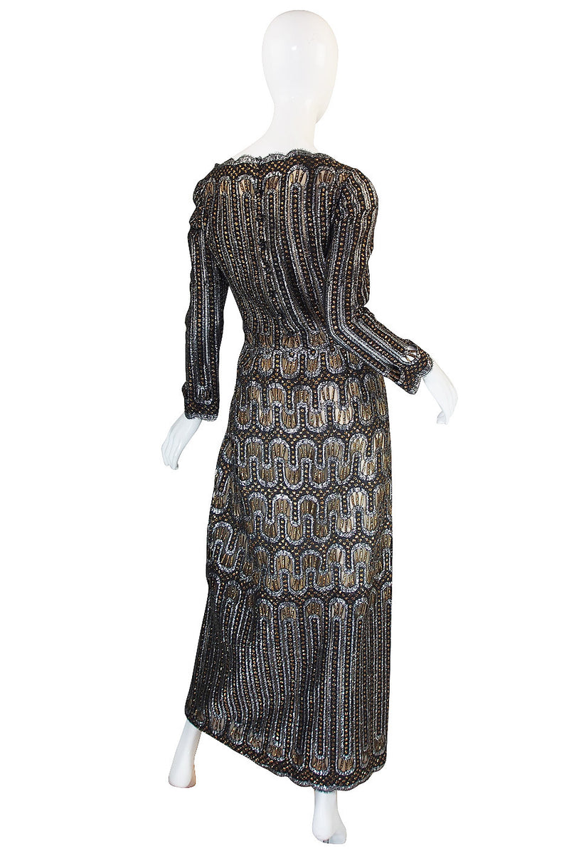 1960s Metallic Pauline Trigere Dress with Cut Outs
