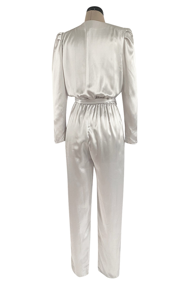 Amazing 1980s Flora Kung Pale Silver Satin Jumpsuit w Plunge Neckline & Tie Waist