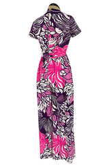 1960s Gino Charles for Malcolm Starr Purple & Pink Printed Jumpsuit w Extra Wide Legs