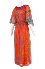 1974 Zandra Rhodes 'Ayers Rock' Australian Collection Hand Painted Coral Silk Chiffon Dress