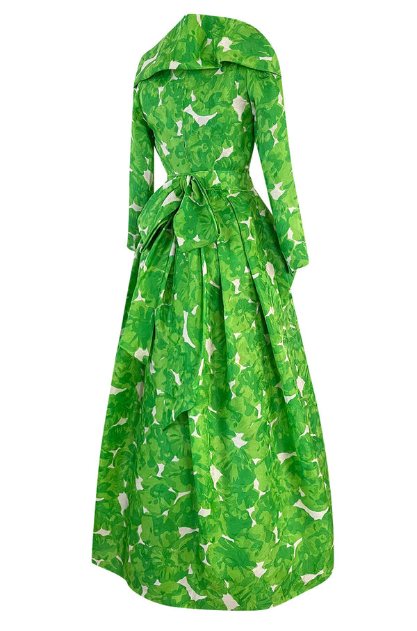 1980s Jean Louis Scherrer Couture Printed Green Silk Gazar Dress w Poured Glass Gripoix Buttons