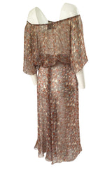 1970s Scott Barrie Off Shoulder Taupe Print Silk Chiffon Midi Dress