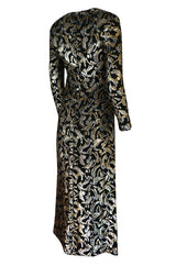 1970s Galanos Metallic Silver & Gold Lurex on Black Silk Dress