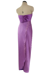 Fall 1985 Emanuel Ungaro Runway Structured Bodice Strapless Dress Made from a Dotted Purple Silk