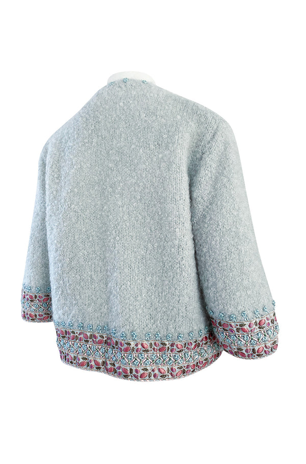 1950s I. Magnin Pale Blue Sweater Cardigan w Silk Ribbon and Hand Done Embroidery Work