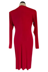 Iconic Fall 1985 Yves Saint Laurent Ad Campaign Red Plunge Dress w Jewel Clasp