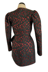 2019 Attico Micro Mini Red Metallic Rose Print Wrap Dress w Pouf Sleeves