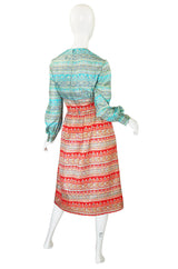 1970s Mollie Parnis Blue & Red Day Dress
