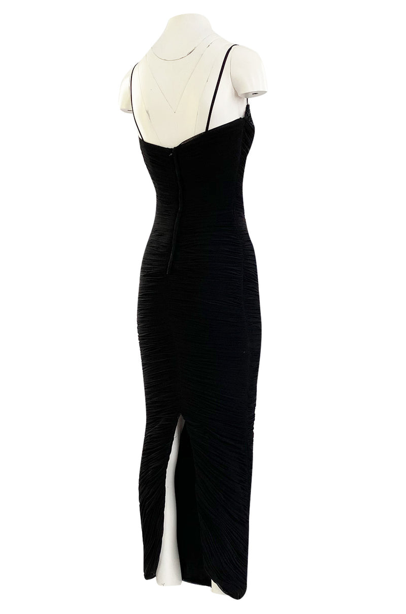 1980s Vicky Tiel Couture 'Kaimak' Gathered Black Net Fitted Dress w Beading Detailing