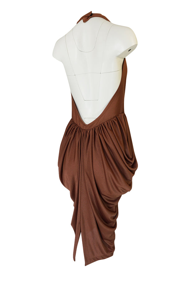 1970s Plunge Front Backless Halter Gathered Sides Jersey Dress