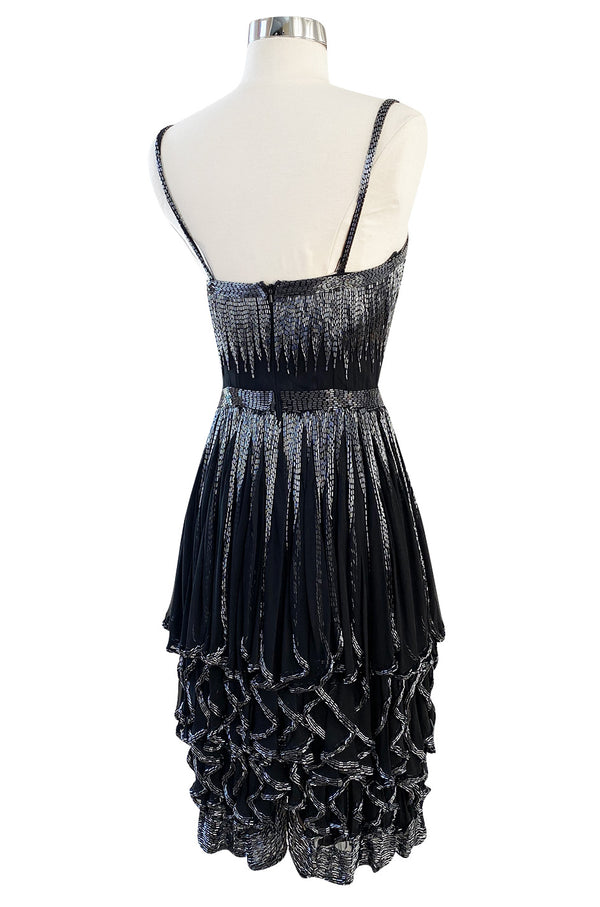 Late 1970s Oleg Cassini Extensively Beaded & Panelled Skirt Black Silk Chiffon Dress