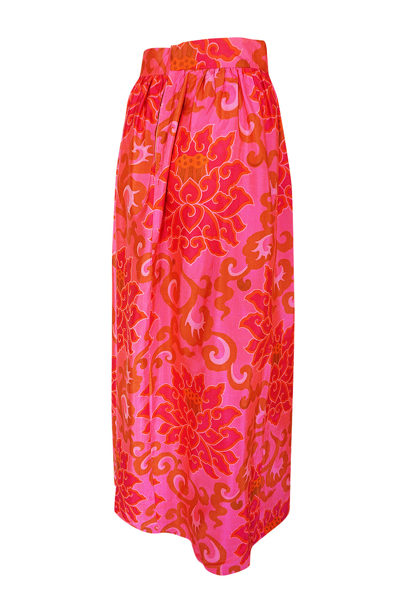 1960s Unlabeled Pink Printed Full Length Thai Silk Skirt