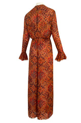 Late 1970s James Galanos Printed Rust & Coral Silk Chiffon Jumpsuit w Extra Wide Slit Pant Legs