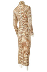 1980s Bob Mackie Ivory Sequin & Nude Stretch Net High Slit Dress