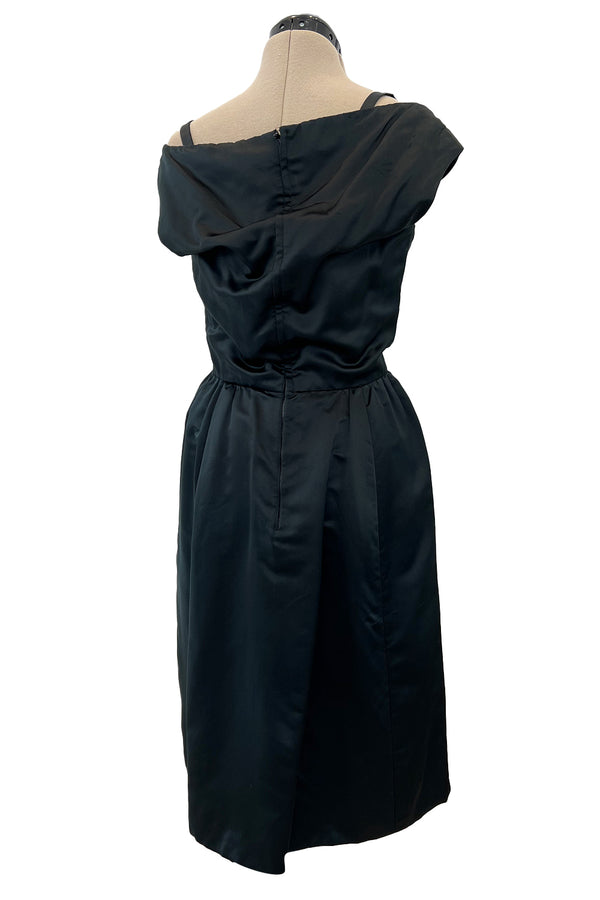 Gorgeous 1950s Harvey Berin Black Silk Cocktail Dress w Asymmetrical Neckline
