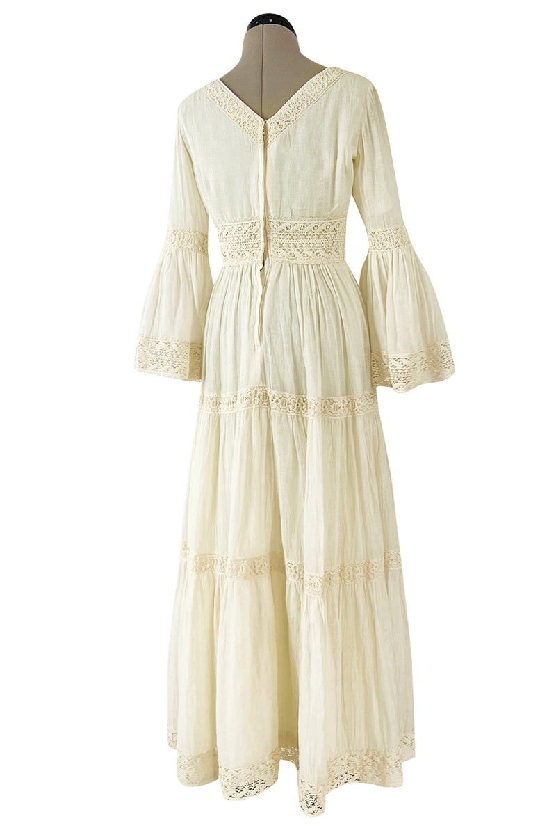 Romantic 1970s Victor Costa Mexican Wedding Dress Feel Ivory Cotton Gauze & Lace  Dress