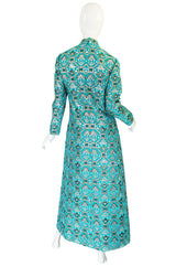 1970s Turquoise & Metallic Ikat Brocade Mollie Parnis Dress