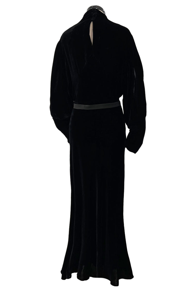 Stunning 1930s Black Bias Cut Silk Velvet Dress w Rhinestone Detail & Brilliant Belt