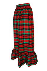1960s Unlabelled Red & Green Plaid Silk Taffeta Ruffle Skirt