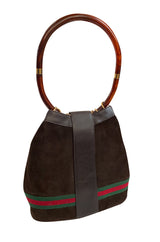 Rare & Original 1970s Gucci Deep Chocolate Suede Bucket Bag w Lucite Handle & Stripes