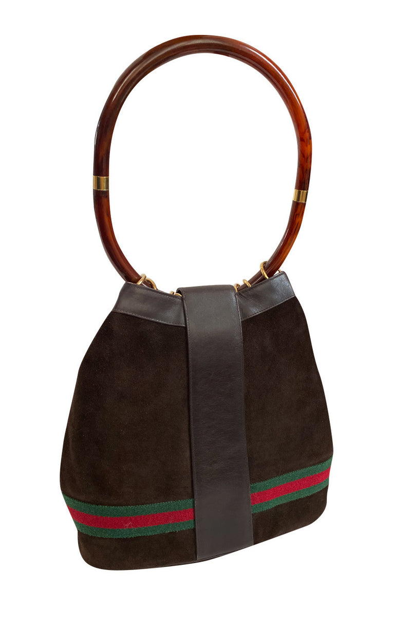 Rare & Original 1970s Gucci Deep Chocolate Suede Bucket Bag w Lucite Handle & Stripes