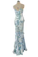 Iconic Fall 2004 John Galliano Bias Cut Blue Dress w Ruffles & Metallic Silver Detailing