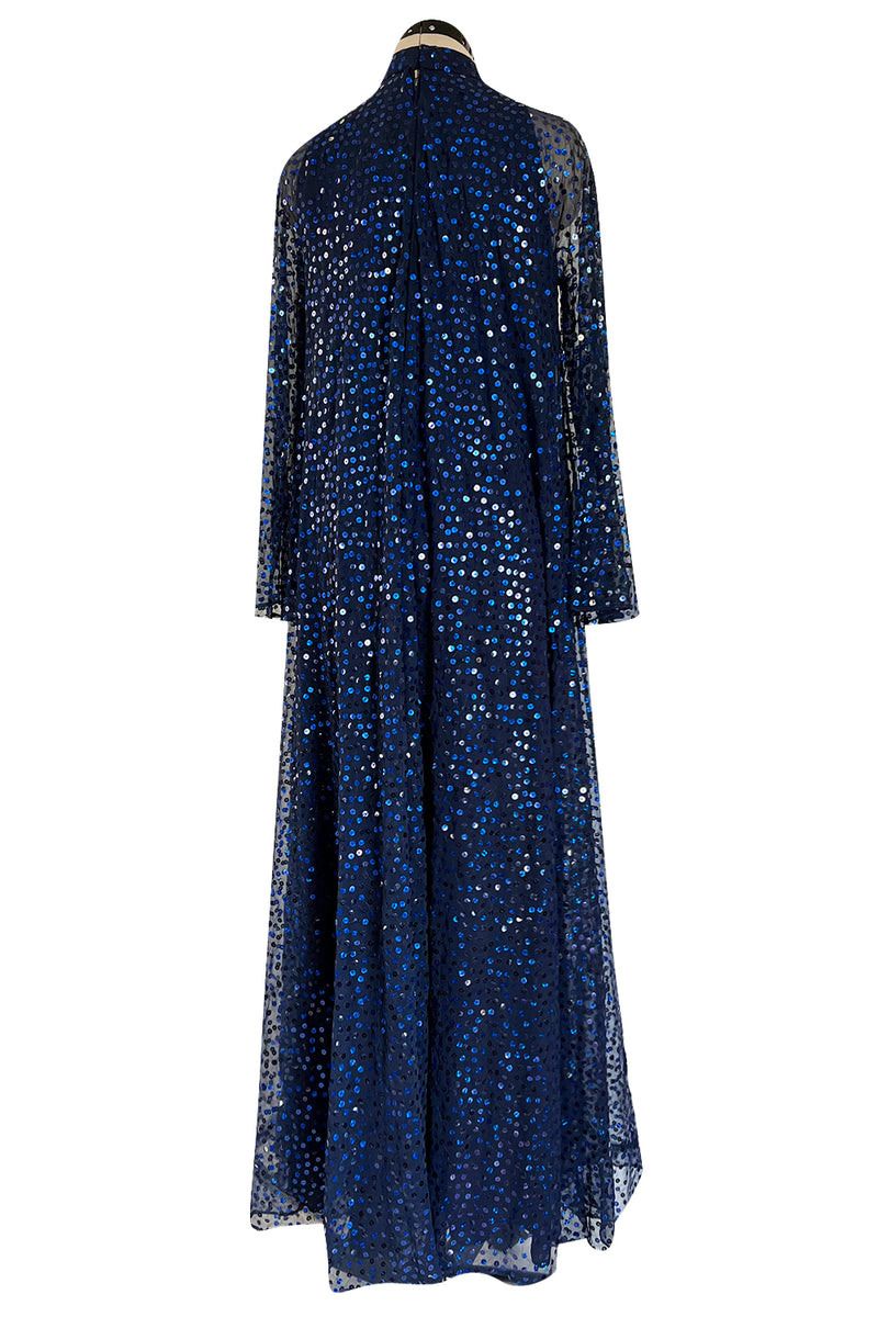 Incredible 1970-1972 Mollie Parnis Blue Sequin on Silk Chiffon Caftan Dress w Wide Sleeves