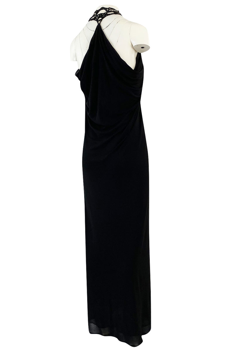 Fall 2005 Alexander McQueen Black Draped Silk Jersey Crepe Dress w Beaded Collar
