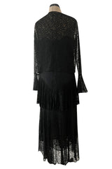 Light as Air Late 1920s Unlabeled Fine Black Lace Dress w Matching Jacket & Rhinestone BuckleBelt