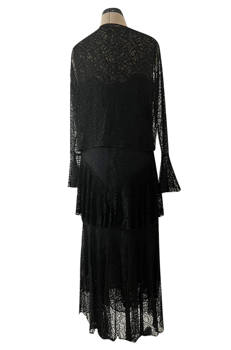 Light as Air Late 1920s Unlabeled Fine Black Lace Dress w Matching Jacket & Rhinestone BuckleBelt
