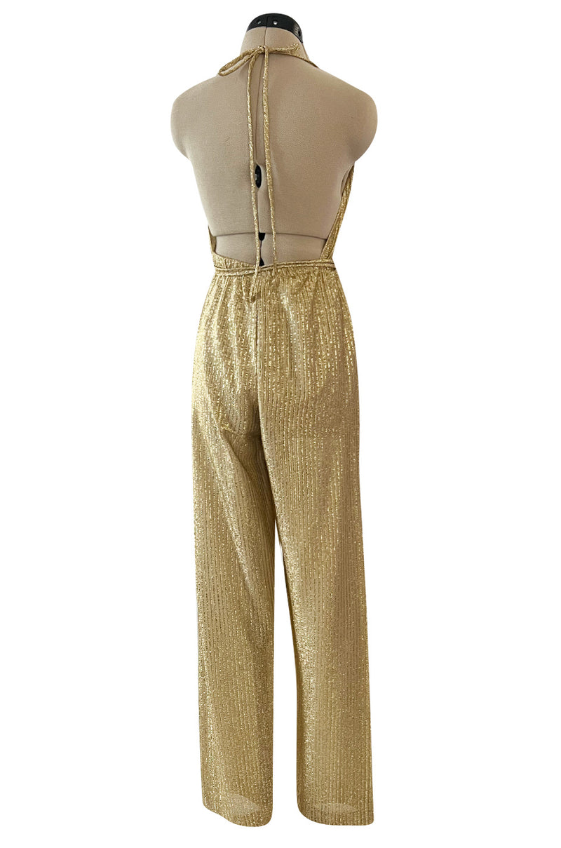 Iconic & Rare 1970s Halston Metallic Gold Lame Lurex Backless Jumpsuit