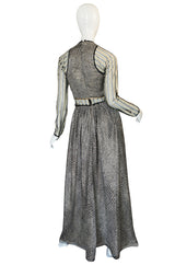 1970s Geoffrey Beene Couture Gold Metallic Lurex & Net Print Dress