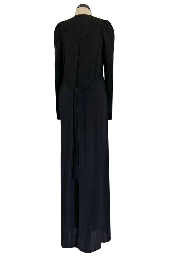 Incredible 1960s Ossie Clark Black Moss Crepe Dress w Capped Shoulders