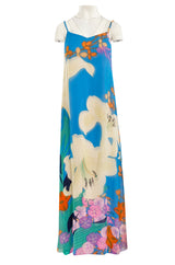 Extraordinary 1970s Hanae Mori Couture Pastel Turquoise Floral Print Silk Chiffon Dress & Jacket